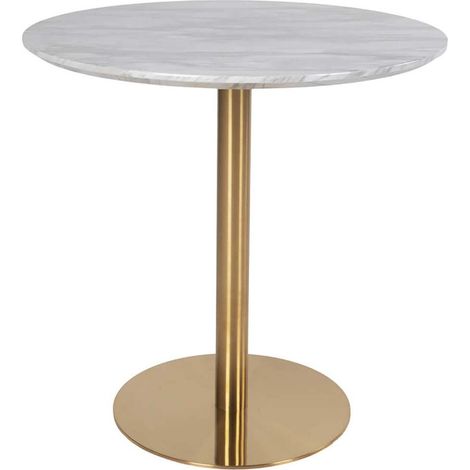 TYROL - Table Repas Ø90cm Plateau MDF Aspect Marbré et Pied Métal Doré (1/5)