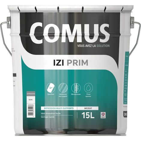 Comus – Peinture IZI'PRIM 15L – Impression microporeuse pour murs et plafonds – Séchage rapide – Faible teneur en COV – Aspect mat