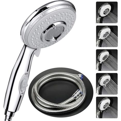 ZOLGINAH Pommeau Douche + 2 M Tuyau de Douche Flexible, Pommeau de Douche avec Tuyau, 5 Modes Economiseur d'eau et bouton de l'interrupteur, Haute Pression Douchette Pommeau Acier Inoxydable (1/5)