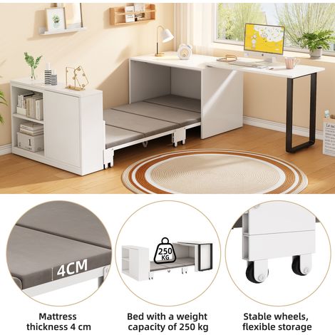 Ce bureau 2-en-1 et lit repliable : cadre/pieds métalliques, matelas 4 cm. Roulettes et meuble à tiroirs (2 compartiments). Tous éléments blancs. (1/5)