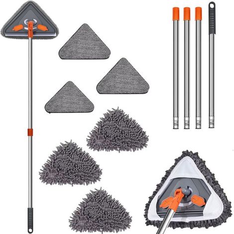 Balai de Nettoyage réglable Rotatif, Vadrouille de Nettoyage Rotative à 360°avec Raclette, Balai Plafond Triangulaire avec Poignée pour Plafond Fenêtre Mural avec 6 Chiffons (1/2)