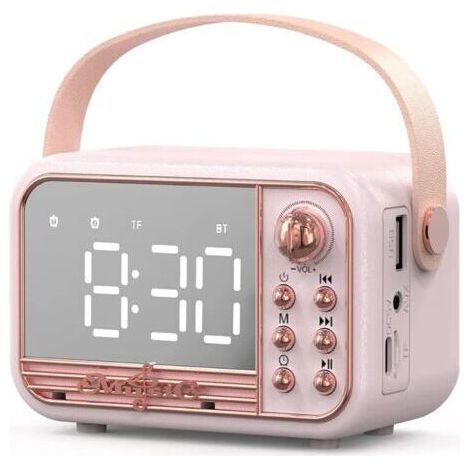 Retro-pinker Bluetooth-Lautsprecher, tragbar, mit Wecker, hoher Lautstärke, kompatibel mit TF-Karte, USB-Stick und AUX-Eingang, ideal für Küche, Schlafzimmer, Zuhause und Outdoor-Aktivitäten.