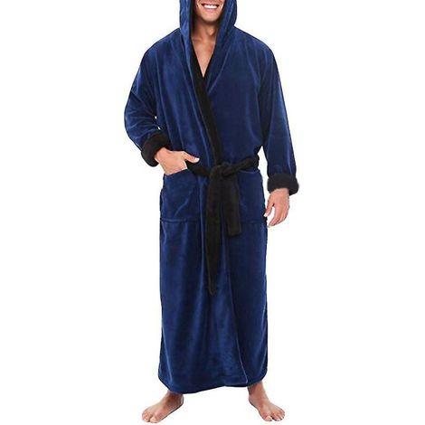 Langer Herren-Bademantel, Morgenmantel, Kapuzenpyjama aus weichem Fleece – Größe 3XL – Dunkelblau/Schwarz (1/3)