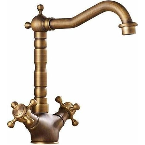 360° drehbare Doppelwaschtischarmatur aus Messing in Antik-Kupfer-Optik, gebürstet, mit sanfter Oberfläche, Vintage-Stil für Warm- und Kaltwasser (1/5)