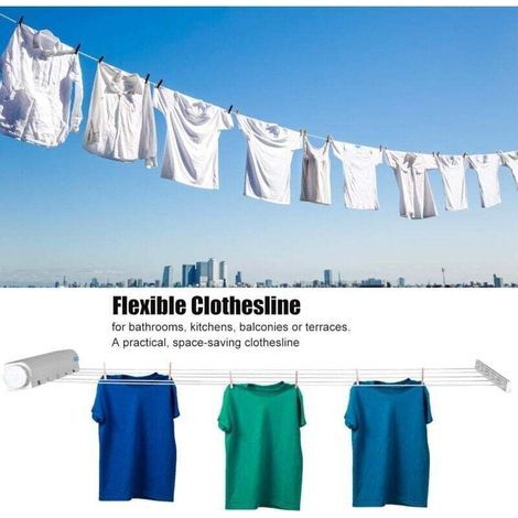 1PC blanc étendoir, Séchoir à Linge Mural rétractable, étendage à Linge Mural, etandoire à Linge intérieur, Corde à Linge Exterieur 4 Fils de 3,2mètres, etendoir a Linge pour intérieur et extérieur (1/3)