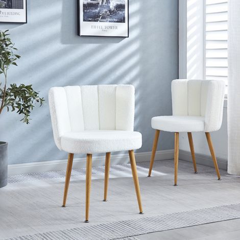Lot de 2 chaises de salle à manger, fauteuil de salon moderne et chaise de cuisine, en tissu bouclé effet fausse fourrure avec pieds, Blanc (1/5)