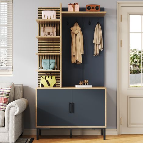 Vestiaire d'entrée meuble porte-manteaux avec étagère à chaussures - 100 x 40 x 190.5 cm - meuble de rangement industriel en bois et métal - naturel et noir (1/5)