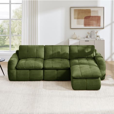 L-förmiges 3-Sitzer Modulsofa aus Chenille mit Ottoman, 264 x 160 x 68 cm, Grün, OKWISH (1/5)