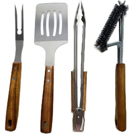Set d'ustensiles de Barbecue 4 pièces en Acier Inoxydable, Bois d'acacia, résistant à la Chaleur– Set BBQ Deluxe (1/4)