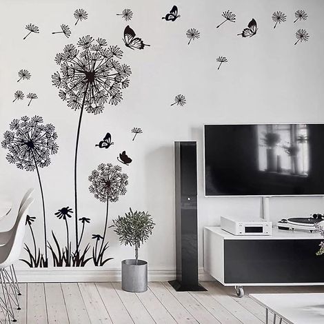 Autocollant mural fleurs de pissenlit noir (150x114 cm) I branche d'arbre papillon plantes I déco adhésive pour salon chambre cuisine bureau adulte enfant (1/5)