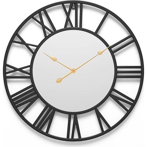 Runde Wanduhr mit Spiegel, ideal für Wohnzimmer, Schlafzimmer und Büro, schwarzer Rahmen und goldene Zeiger, 40 cm, 1 Stück. (1/5)