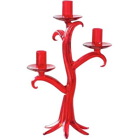 Eleganter roter Glas-Kerzenhalter mit 3 Flammen, Höhe 31 cm