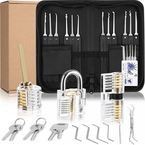 Kit de Crochetage 34 Pièces, Outils de D’entraînement avec 3 Serrure Transparente Cadenas, Lock Picking Kit, Poignée en Silicone Confortable, pour Serruriers Débutant et Pro (1/5)