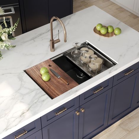 Évier de cuisine en acier inoxydable S304 - Bac profond 76 cm x 48 cm avec rebord intégré et accessoires - Installation en surbassement - DeerValley