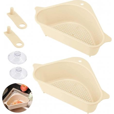 Paquet de 2 passoires Beige pour évier, égouttoir d'évier avec filtre de rangement, plateau de vidange avec ventouse, évier de cuisine, triangulaire