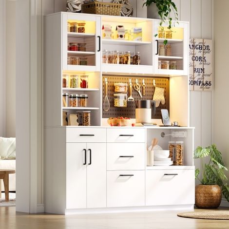 Mobile da cucina, credenza, madia con presa e illuminazione a LED, mobile da cucina con piano di lavoro, 5 cassetti, ripiani regolabili, pannello forato, 185 × 145 × 40 cm, bianco (1/5)