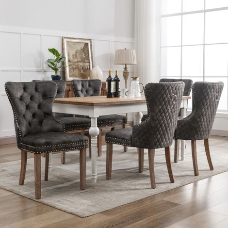 Chaises de salle à manger (adaptées à la cuisine ou au salon, lot de 6) — Assises rembourrées avec finition cloutée, pieds en bois massif et revêtement en velours — Gris (1/4)