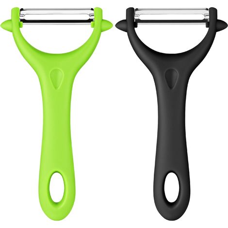 Pelador universal de acero inoxidable (2 unidades)  Pelador manual de patatas con mango ergonómico, cuchillo pelador de cocina para verduras y frutas (negro + verde claro) (1/5)