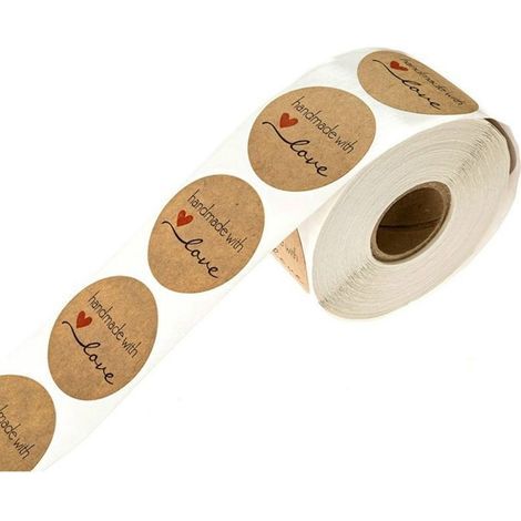 Confezione da 500 etichette rotonde autoadesive in carta kraft, fatte a mano con amore. (1/4)