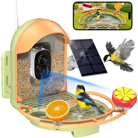 Mangiatoia per uccelli intelligente a energia solare con telecamera, verde), video HD 2K, identificazione AI, mangiatoia per uccelli con telecamera, vaschetta e mangiatoia per uccelli IP66 (1/5)