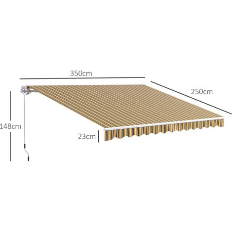 Store à bras articulé 3,5x2,5m, manivelle, aluminium et polyester, jaune-gris, pour terrasse et balcon