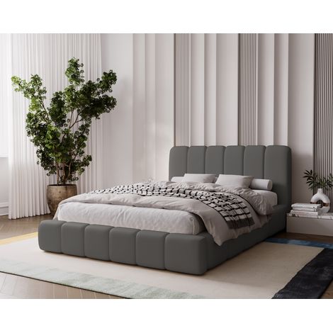 Emporius Lit double 140x200 cm Milan, lit rembourré en velours avec rangement, sommier à lattes, Gris foncé (1/4)