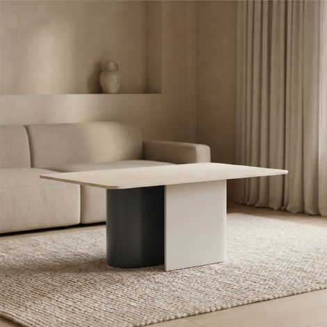 Mesa de café/centro QUARLES, tablero cerámico efecto piedra en beige claro y estructura metálica en marrón y arena (100 × 60 × 44 cm) - MOG CASA (1/5)