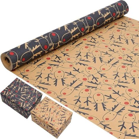 1 rouleau papier cadeau double face, kraft imprimé élans + bleu, papier recyclable pour Noël, anniversaires et fêtes (1/5)