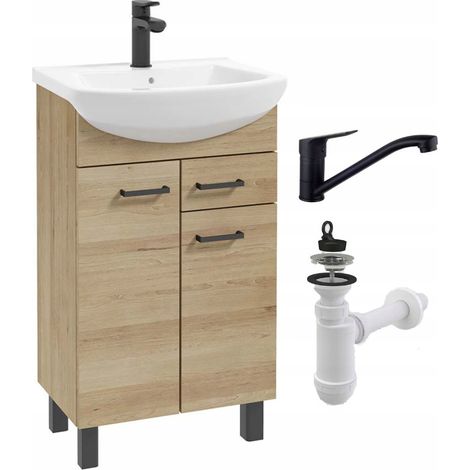 STAMAR Waschbeckenunterschrank 50 cm - Eiche Trüffel - Elegant & Funktional - Mit schwarzem Wasserhahn