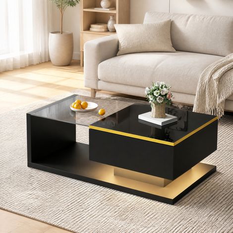Table basse 90x50x32,5 cm noir brillant avec LED 16 couleurs, plateau en verre trempé MEUBLIV (1/5)