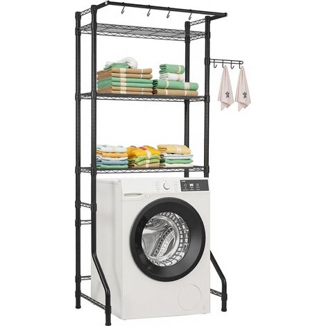 Étagère de Rangement pour Lave-Linge et sèche-Linge à 3 Niveaux, étendoir à Linge avec Tringle et Crochets, étagères réglables, pour Gagner de la Place, pour Organisation de la buanderie, Noir (1/5)