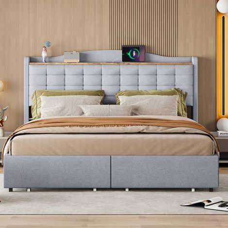 Lit double 160x200cm en lin gris, avec 4 tiroirs de rangement, table de chevet intégrée et port usb (1/5)