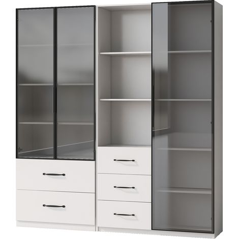 ELVMI Libreria con 4 Ante in vetro, 5 Cassetti, Vani aperti e LED per Soggiorno in Pannello truciolare 140 × 40 × 160 cm Bianco (1/5)