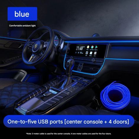 Kit Éclairage Ambiance LED Intérieur Voiture USB – Bande Lumineuse Néon pour Tableau de Bord et Portières Automobile Sans Câblage (Kit Bleu 1 vers 5 Tableau de Bord + 4 Portières USB) Bleu