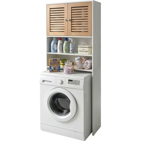 Relaxdays Meuble au-dessus du lave-linge, 4 compartiments, pour sèche-linge/WC, HxLxP:185,5x65x24 cm, blanc (1/5)