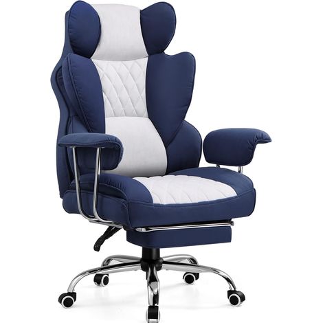 Chaise Gaming, Ergonomique Fauteuil de Bureau avec Support Lombaire à Ressorts ensachés, Siège Large avec Accoudoirs Souple et Repose-Pieds, Réglable en Hauteur,Tissu Bleu foncé-Blanc
