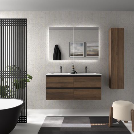 Meuble de salle de bain BEQUIA METAL 120cm Noyer Vasque Porcelaine Centrale (1/5)
