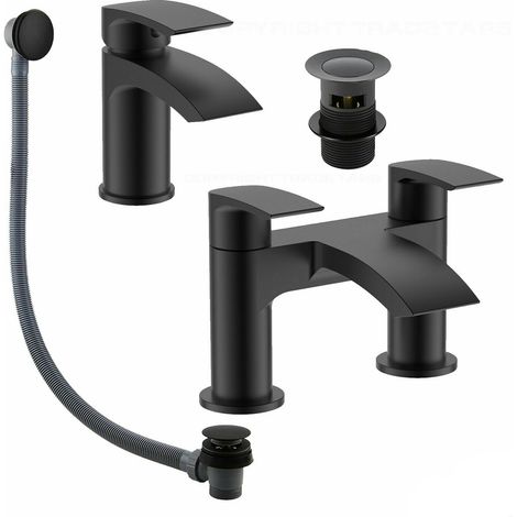 Matt Black Round Basin Sink Tap & Bath Filler Set with Matching Waste Plugs