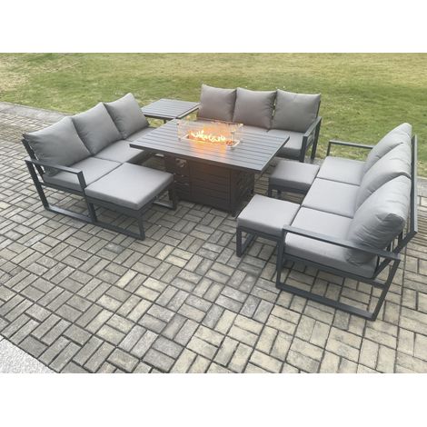 Fimous Aluminium Garden Furniture Outdoor Set Patio Lounge Sofa Gas Fire Pit Dining Table Set with 3 Footstools Side Table Dark Grey (1/5)