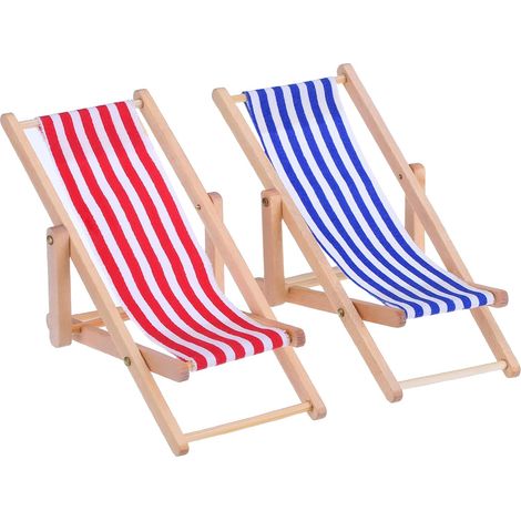 Chaise de plage pliante miniature en bois à rayures rouges et bleues pour intérieurs et extérieurs (pack de 2) (1/5)