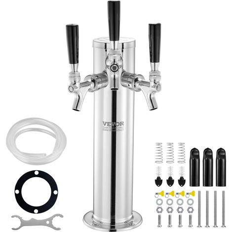 VEVOR Dispensador de Torre de Cerveza de Barril de Triple Grifo, Torre de Cerveza de Barril de Acero Inoxidable, Kit de Torre con Tubo Premontado y Vástagos de Grifo de Cierre Automático para Fiesta