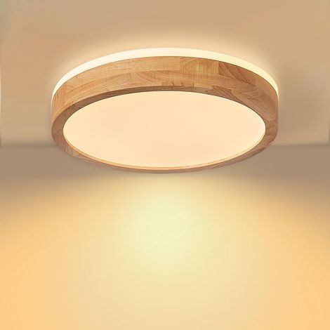 1 Plafonnier LED 24W Rond Bois Blanc Chaud 3000K Salon Cuisine Chambre