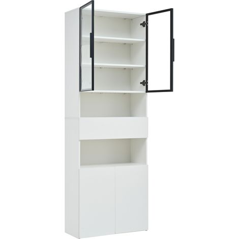 Weiße Vitrine 70 x 30 x 200 cm mit Glastüren, Schublade, Stauraum und LED (1/5)