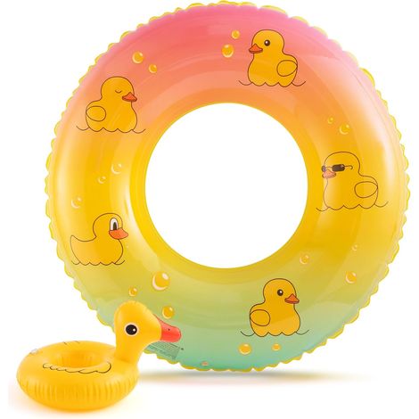 Bouée gonflable canard avec porte-gobelet - Bouée amusante pour enfants et adultes, matelas gonflable pour l'été à la piscine et à la plage, jaune (1/5)