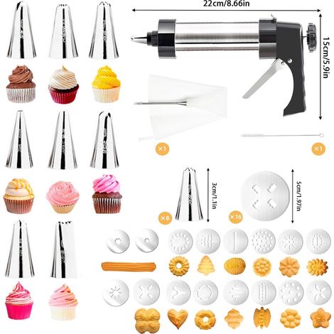Kekspresse – Teigformer aus Edelstahl mit 16 Formen und 8 Düsen – inklusive Reinigungsbürste – zum Dekorieren von Keksen und Kuchen – Komplettes Set (1/5)