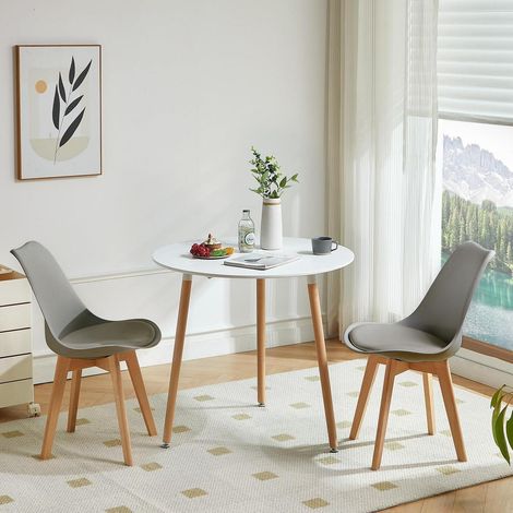 Runde Essgruppe Weiß Tisch mit 2 grauen Stühlen, skandinavisch, für Küche/Balkon (1/5)