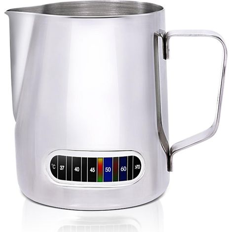 Milchaufschäumkännchen (350/590 ml) mit Temperaturanzeige, Edelstahl, Milchaufschäumkännchen, Kanne, Becher