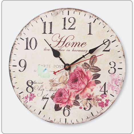 14" Horloge Murale Vintage Français Belle Rose Motif Floral Horloge Murale Chiffres Romains à Piles en Bois Horloge Murale à Quartz (1) (1/5)