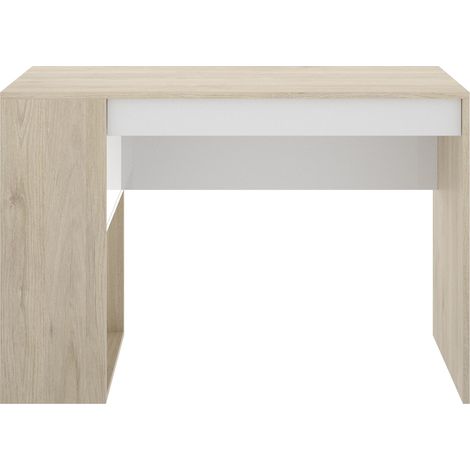 Escritorio 115x50 blanco mate y roble natural con un cajón y un estante lateral - Ginevra (1/5)