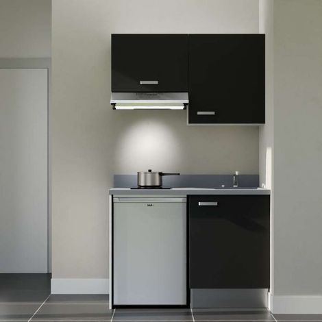 Kitchenette K01L - 120 cm - emplacements frigo top et hotte-Noir-Cromo-évier à droite